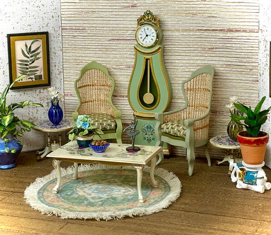 1:12 Dollhouse miniature Victorian rattan pair light green chairs