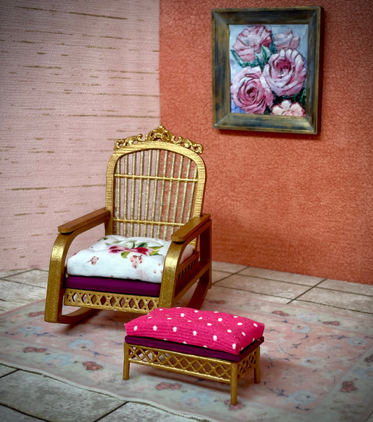 1:12 Dollhouse cane rattan rocking chair and foot-stool Spring Pink
