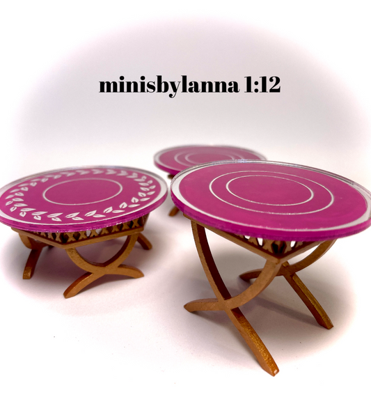 1:12 Dollhouse cane rattan side table set (3) purple etched mirror round tops