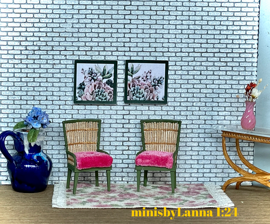 1:24 Dollhouse miniature pair of armchairs Art Deco rattan dark green