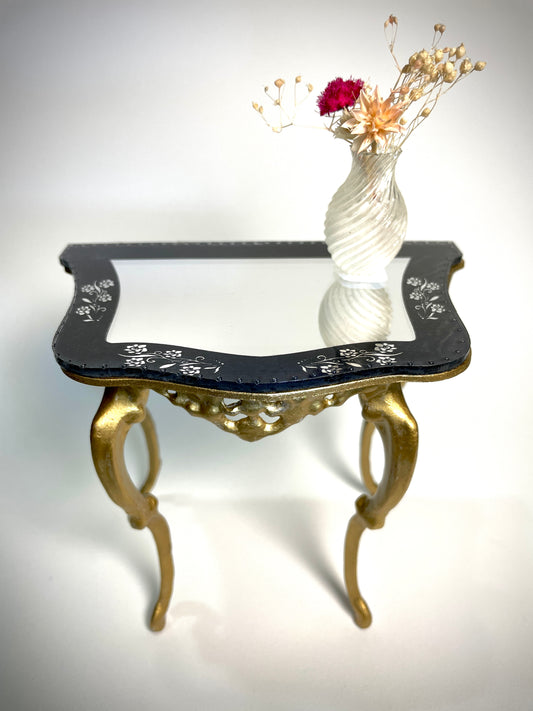 1:6 Dollhouse miniature Victorian gold console table decorated black top mirror