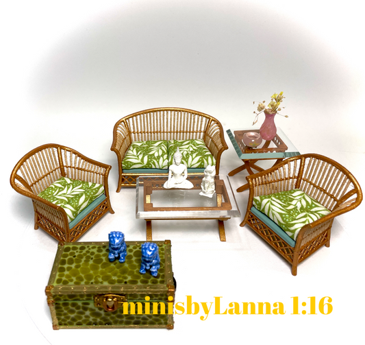 1:16 Dollhouse cane rattan living room set sofa armchairs tropical green - Lundby scale