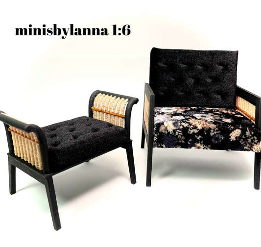 1:6 Dollhouse miniature wooden Art Deco rattan armchair and stool pearl flowers on black velvet
