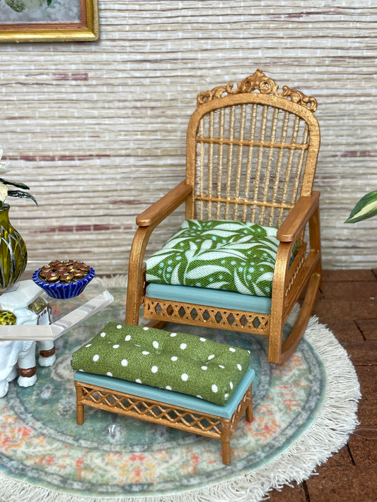 1:12 Dollhouse cane rattan rocking chair and foot-stool tropical green