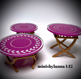 1:12 Dollhouse cane rattan side table set (3) purple etched mirror round tops