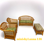 1:16 Dollhouse cane rattan living room set sofa armchairs olive green - Lundby scale