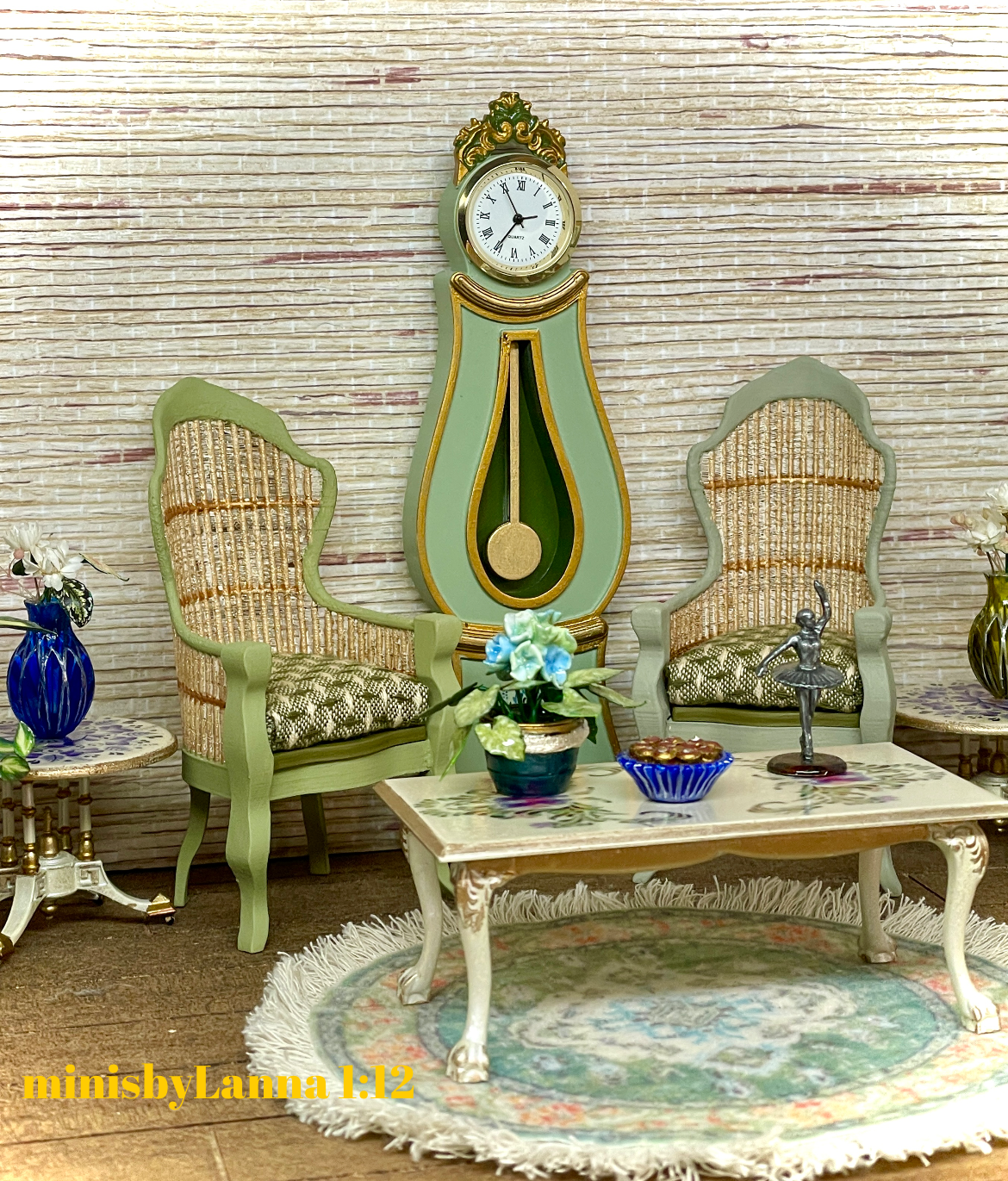 1:12 Dollhouse miniature Victorian rattan pair light green chairs