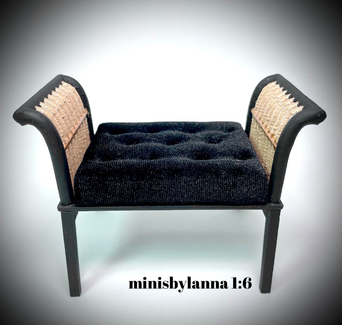 1:6 Dollhouse miniature wooden Art Deco rattan stool black velvet