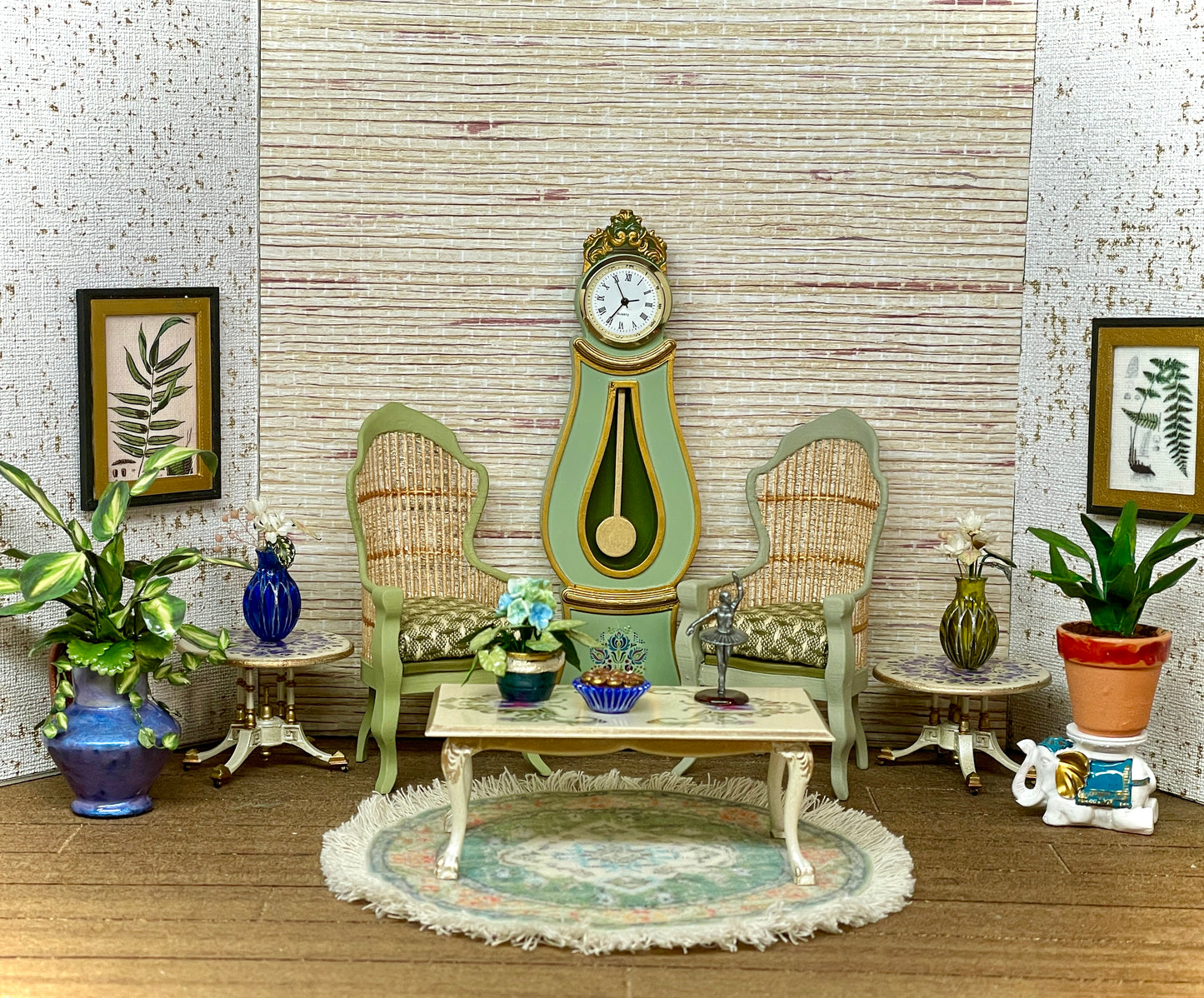 1:12 Dollhouse miniature Victorian rattan pair light green chairs