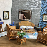 1:12 Dollhouse cane rattan living room set sofa armchair blue roses