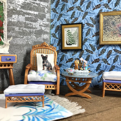 1:12 Dollhouse cane rattan rocking chair and foot-stool blue roses