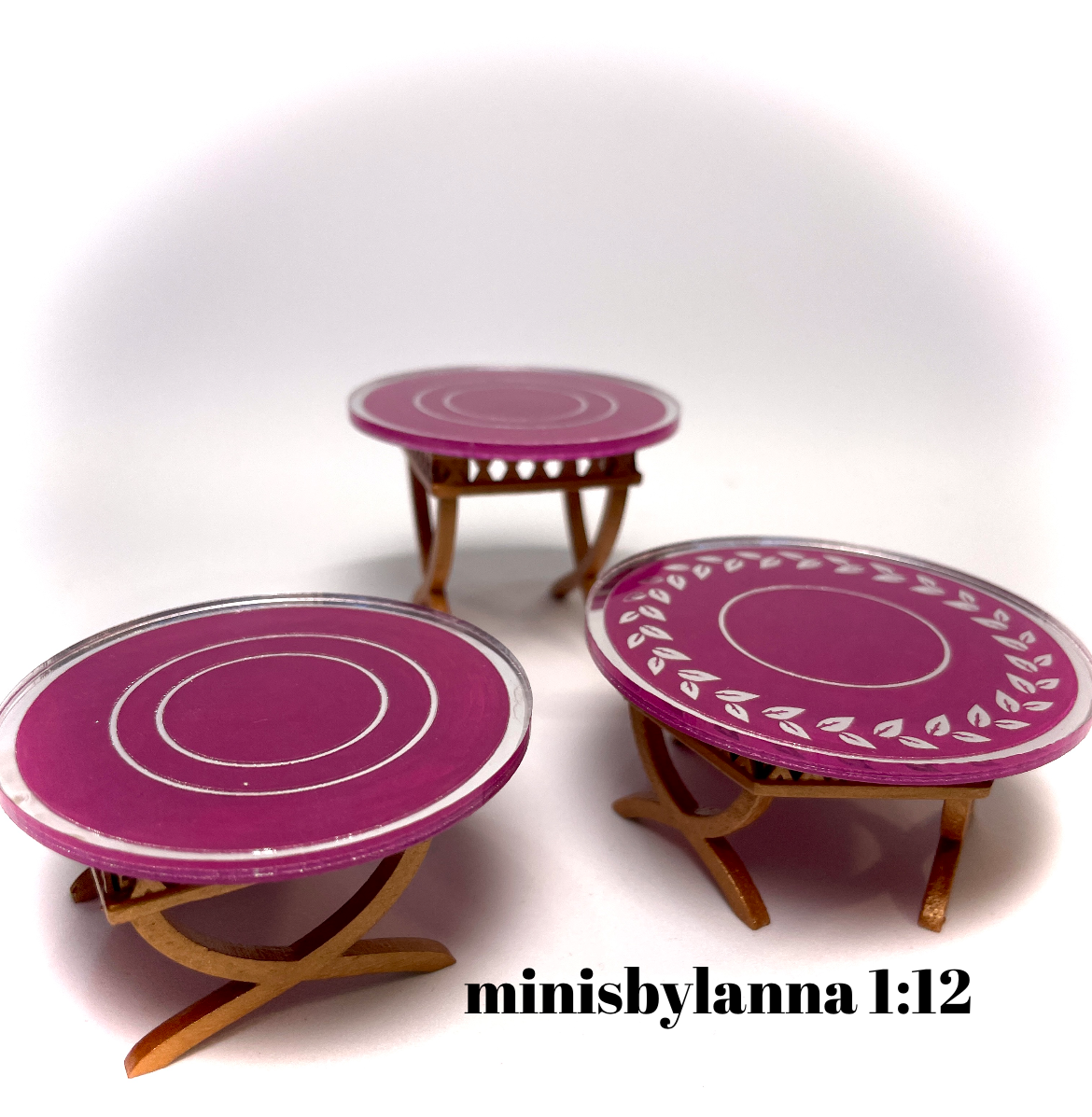 1:12 Dollhouse cane rattan side table set (3) purple etched mirror round tops