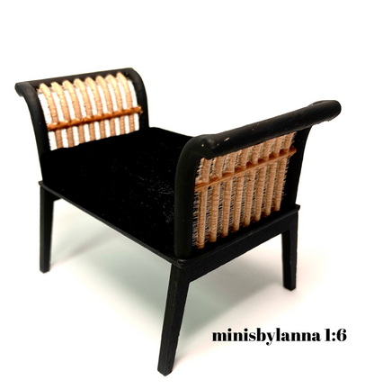 1:6 Dollhouse miniature wooden Art Deco rattan stool black velvet