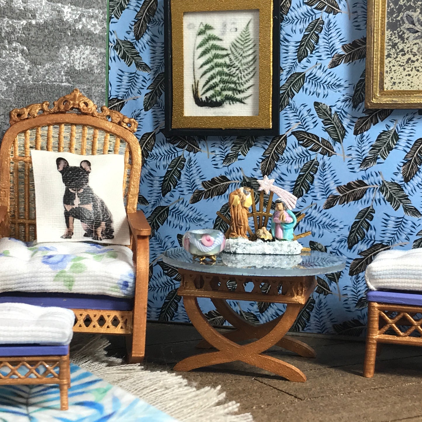 1:12 Dollhouse cane rattan rocking chair and foot-stool blue roses