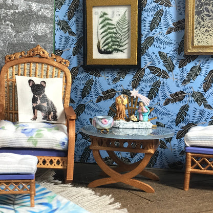 1:12 Dollhouse cane rattan rocking chair and foot-stool blue roses