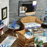 1:12 Dollhouse miniature cane rattan armchair and stool blue roses