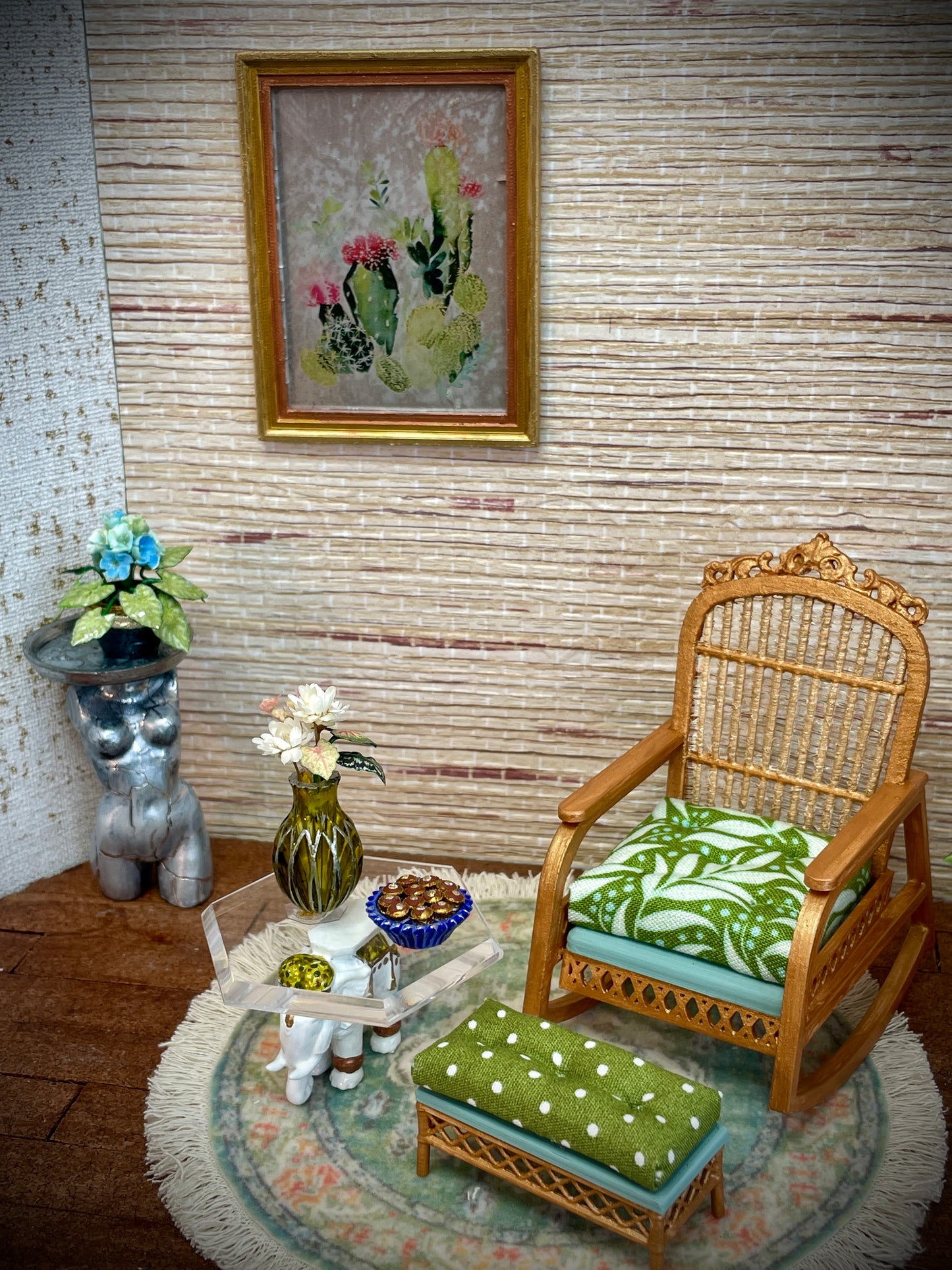1:12 Dollhouse cane rattan rocking chair and foot-stool tropical green