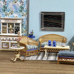 1:16 Dollhouse cane rattan armchair petit floral blue - Lundby scale