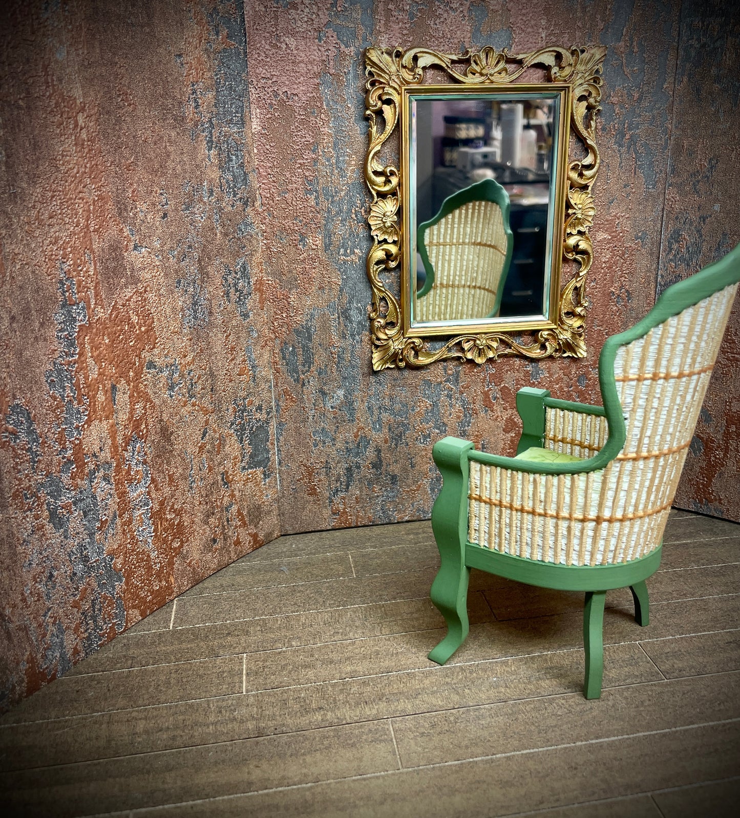 1:6 Dollhouse miniature Victorian rattan green leaves chair