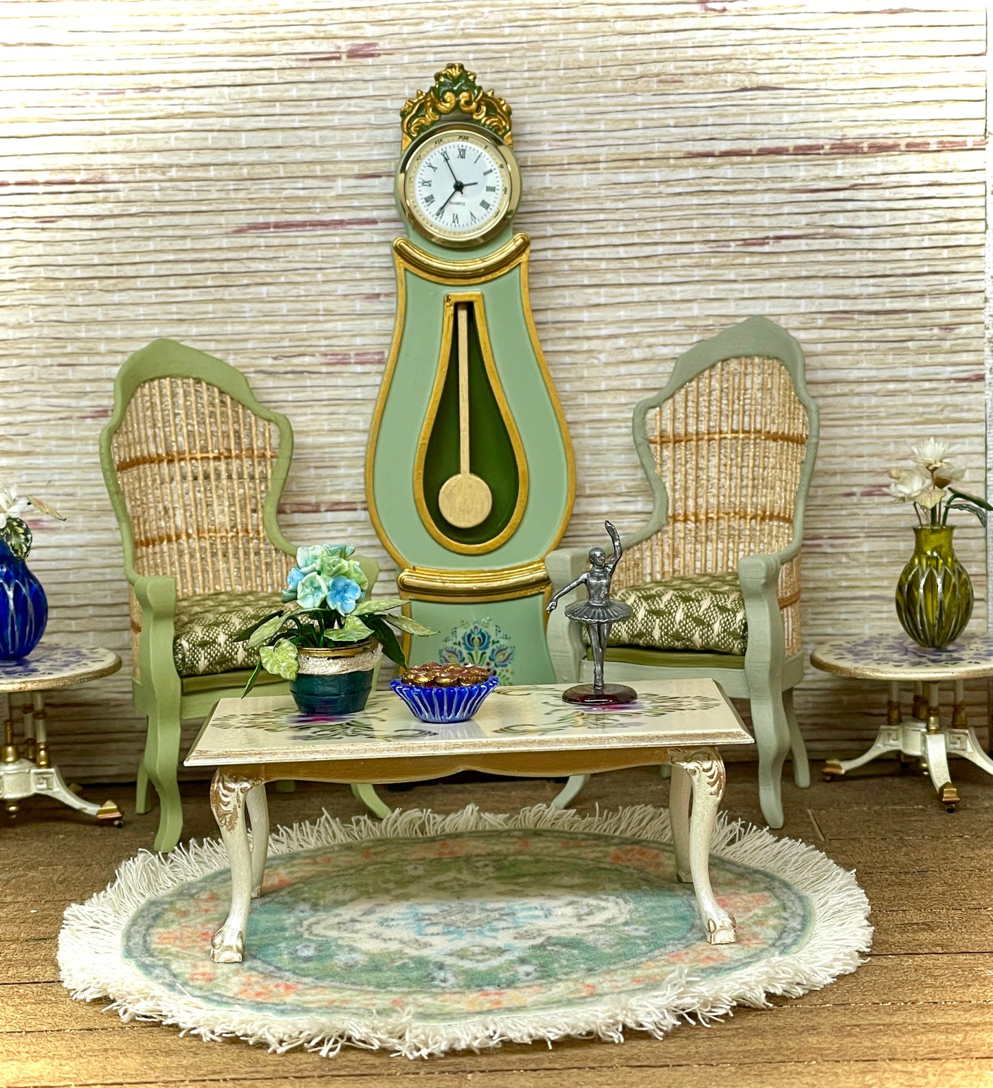 1:12 Dollhouse miniature Victorian rattan pair light green chairs