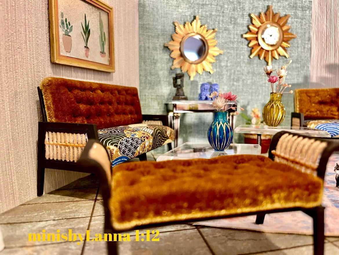 1:12 Dollhouse Art Deco rattan long stool velvet gold