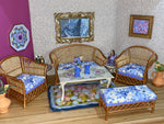 1:6 Dollhouse cane rattan armchair Blue Roses