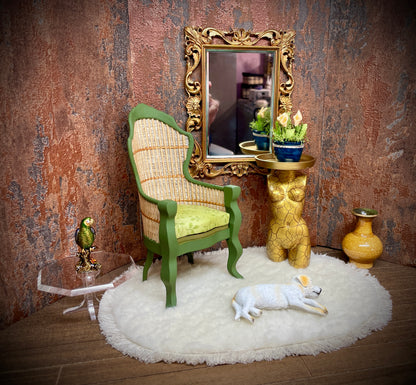 1:6 Dollhouse miniature Victorian rattan green leaves chair