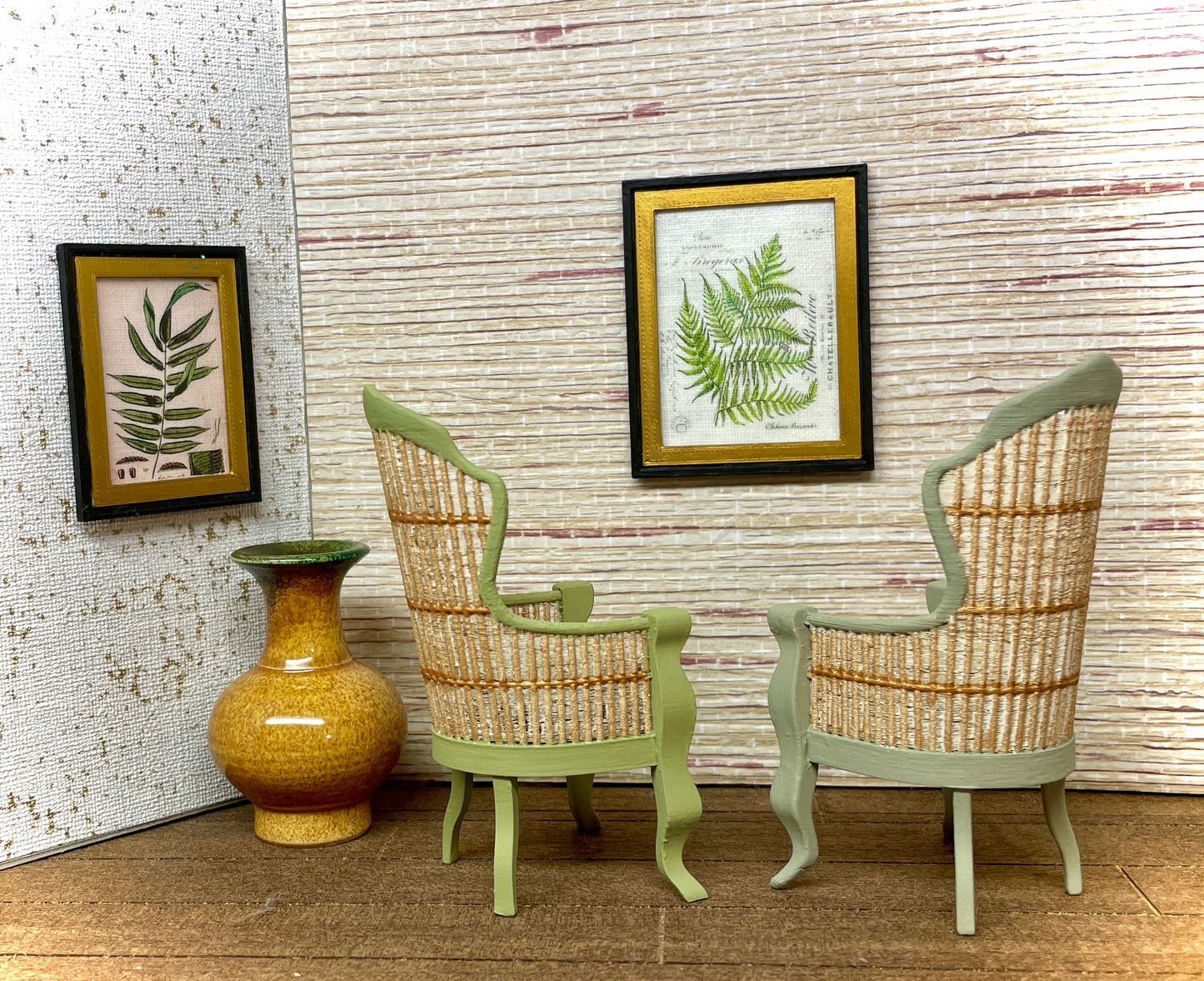 1:12 Dollhouse miniature Victorian rattan pair light green chairs