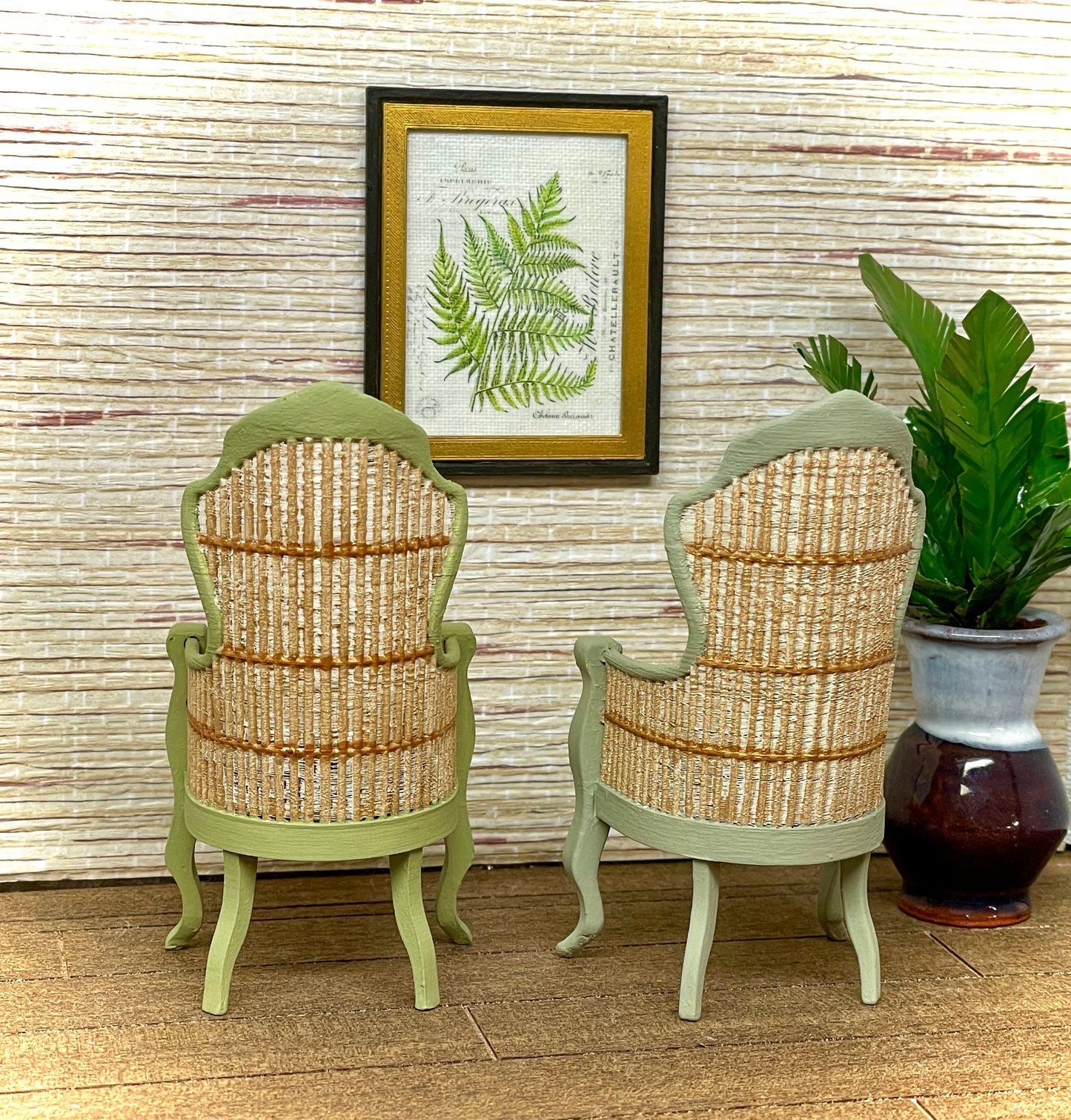 1:12 Dollhouse miniature Victorian rattan pair light green chairs
