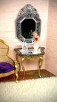 1:6 Dollhouse miniature Victorian gold console table decorated black top mirror