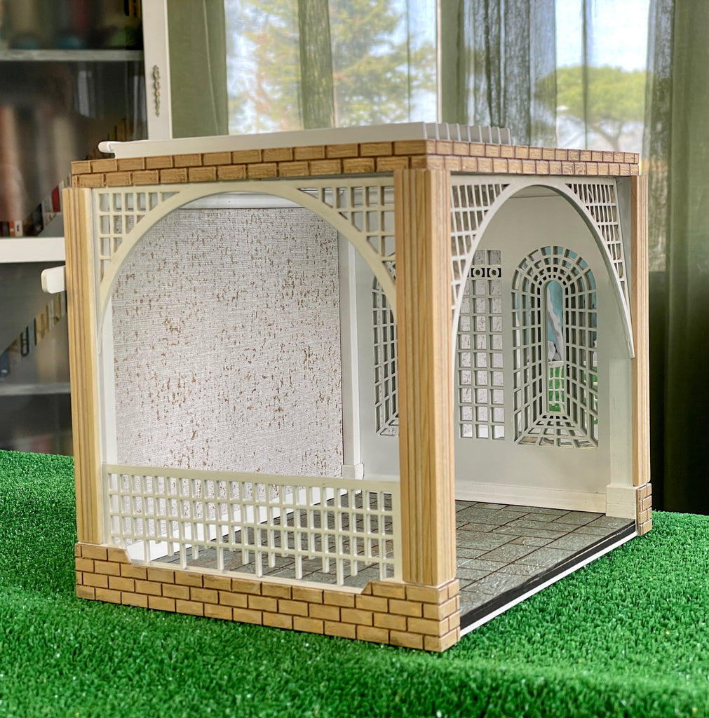 1:12 Dollhouse Roombox Gazebo Diorama Art Box With Moving Pergolas Roof  Cover Decorated & Furnished 