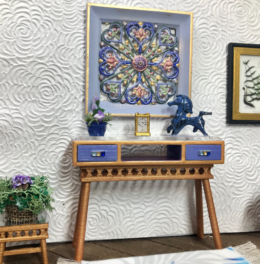1:12 Dollhouse console table cane rattan blue & beveled top