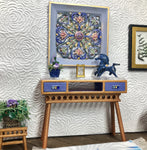 1:12 Dollhouse console table cane rattan blue & beveled top