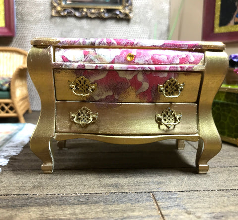 1:12 Dollhouse miniature gold chest of drawers with pink flower decoupage