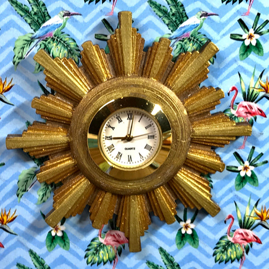 1:12 Dollhouse miniature vintage wall clock - sunburst/starburst golden frame