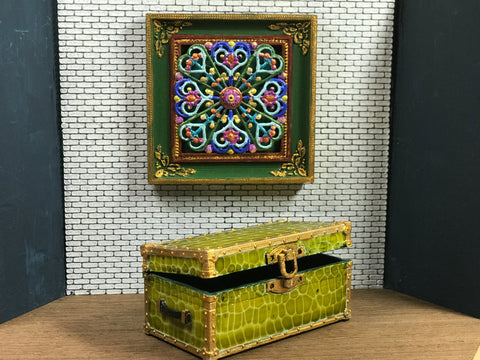 1:12 Dollhouse miniature hand painted travel luggage trunk chest - Green