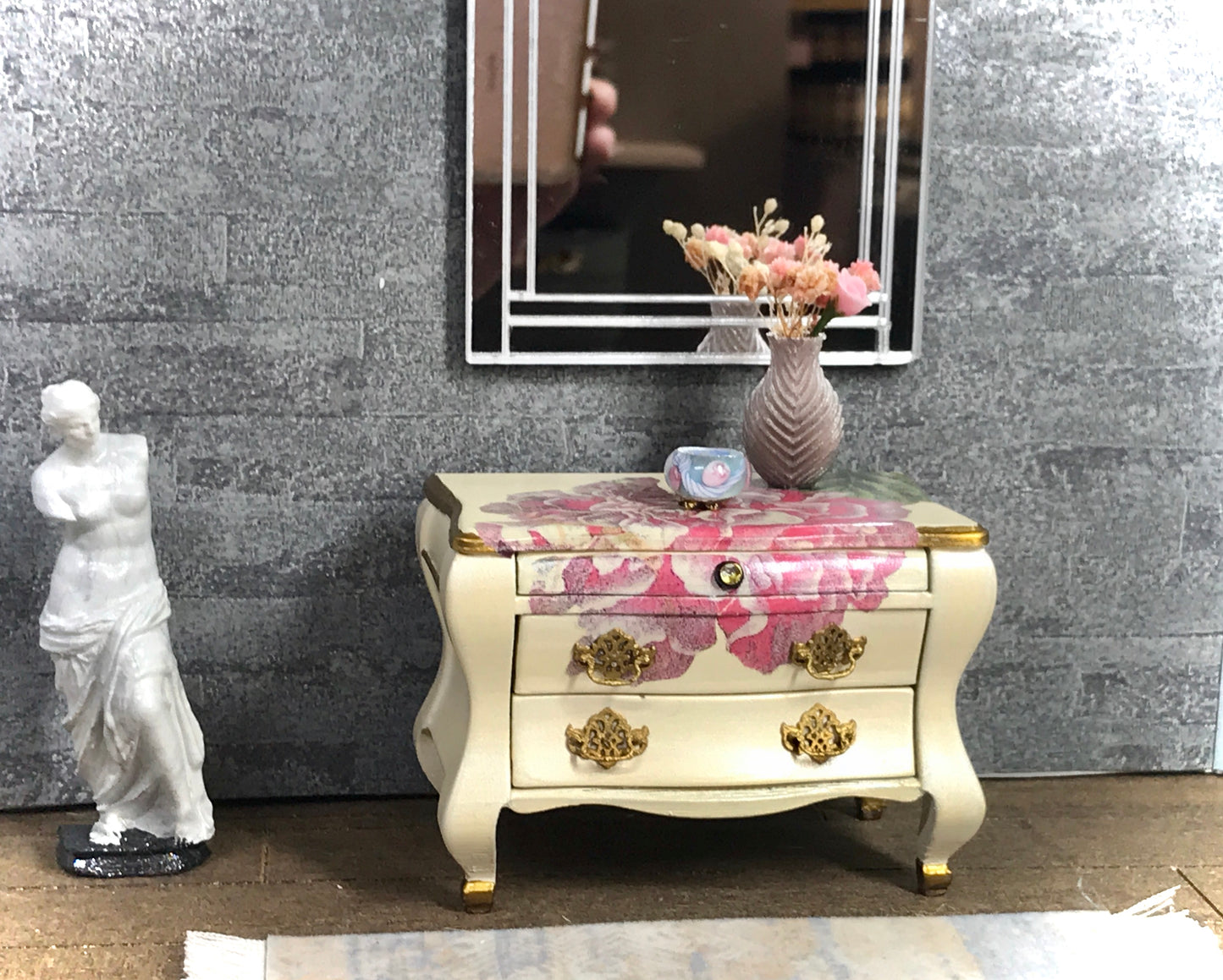 1:12 Dollhouse miniature unique chest of drawers with decoupage - various colors