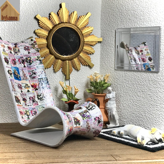 1:6 Dollhouse miniature decoupaged modern chaise lounge White Flowers