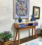 1:12 Dollhouse console table cane rattan blue & beveled top