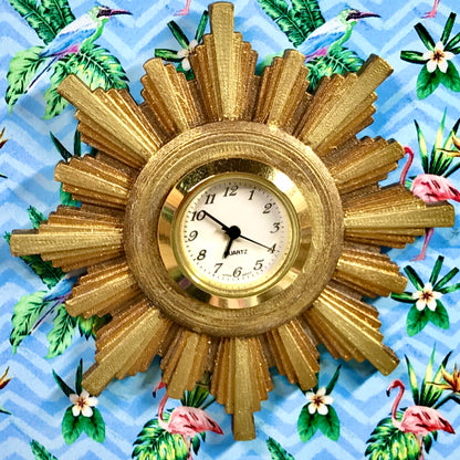 1:12 Dollhouse miniature vintage wall clock - sunburst/starburst golden frame