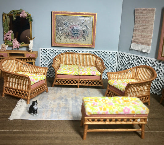 1:16 Dollhouse cane rattan living room set sofa armchairs yellow pink - Lundby