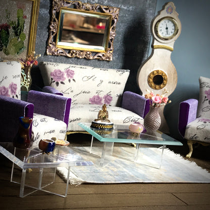 1:12 Dollhouse miniature coffee table with beveled glass effect top