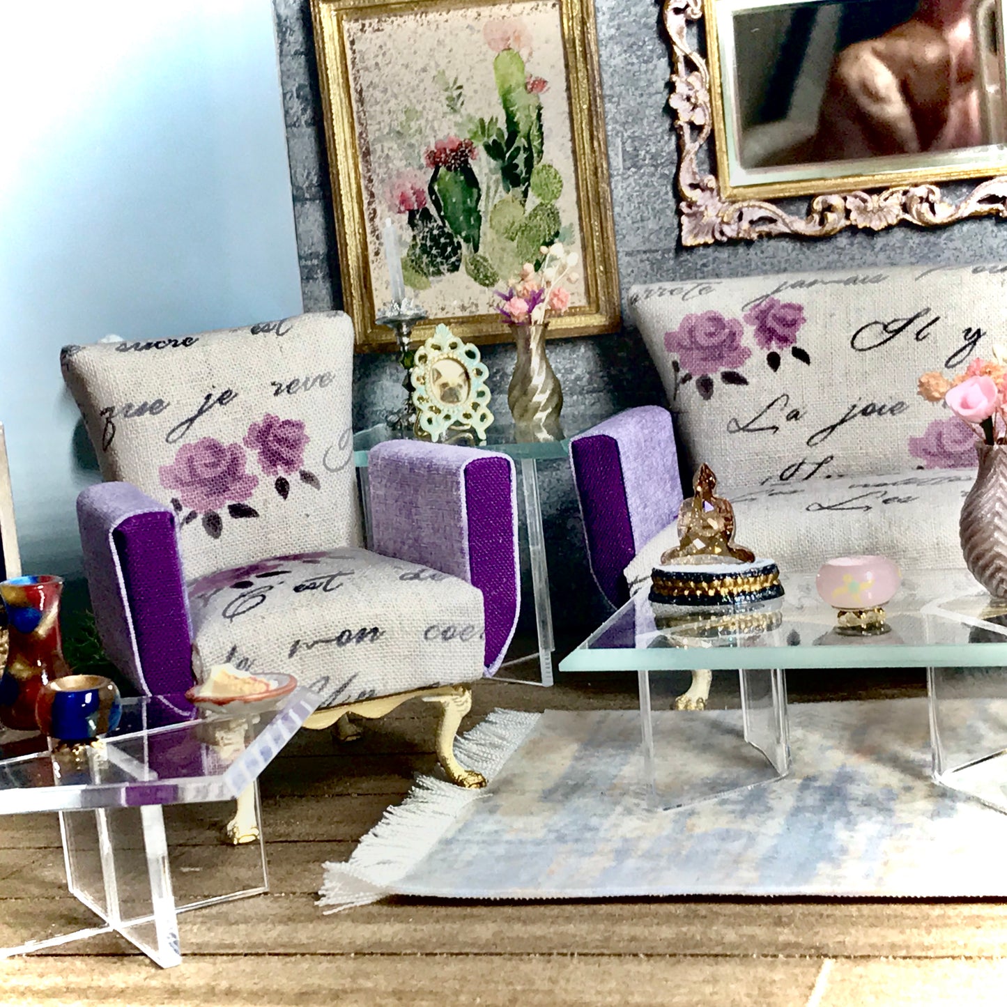 1:12 Dollhouse miniature coffee table with beveled glass effect top