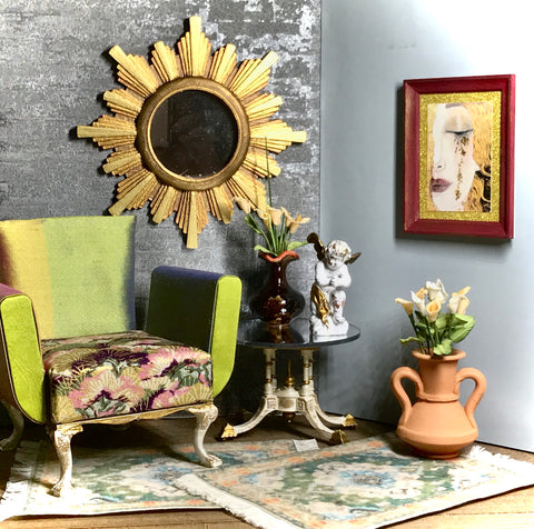 1:6 Dollhouse wall mirror sunburst/starburst golden frame miniature
