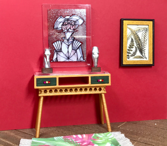 1:12 Dollhouse console table cane rattan wine/gold/green & beveled top