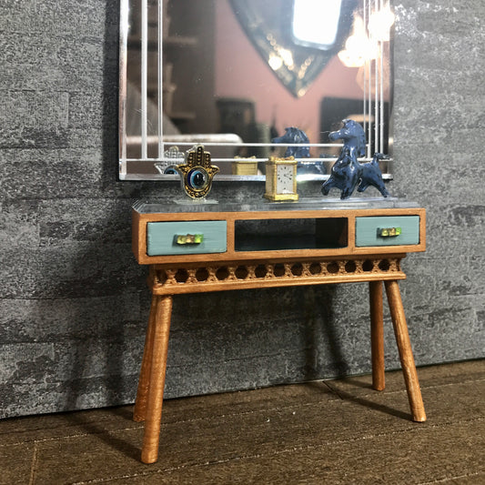 1:12 Dollhouse console table cane rattan tropical green & beveled top