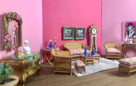 1:16 Dollhouse cane rattan living room set sofa armchairs Pink - Lundby scale