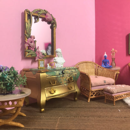 1:16 Dollhouse miniature gold chest of drawers w flower decoupage - Lundby scale