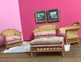 1:16 Dollhouse cane rattan living room set sofa armchairs Pink - Lundby scale