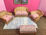 1:16 Dollhouse cane rattan living room set sofa armchairs Pink - Lundby scale